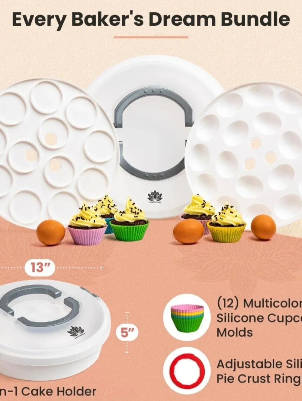 Every Baker's Dream Bundle 3-in-1 Cake Holder with Cupcake and Egg Trays, Pie Cr